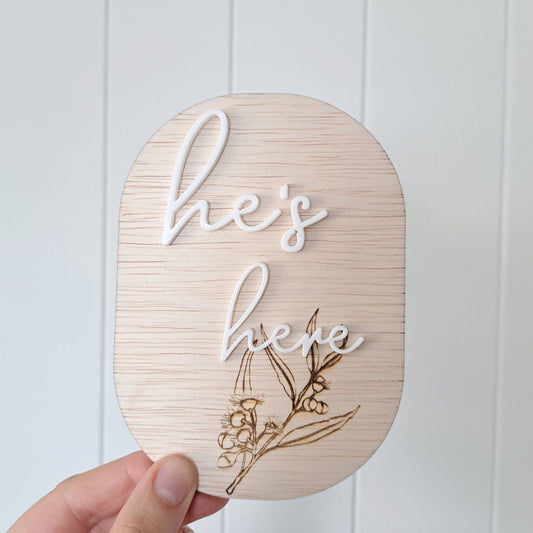 Birth Announcement Plaque - He's Here - Lou James Creations