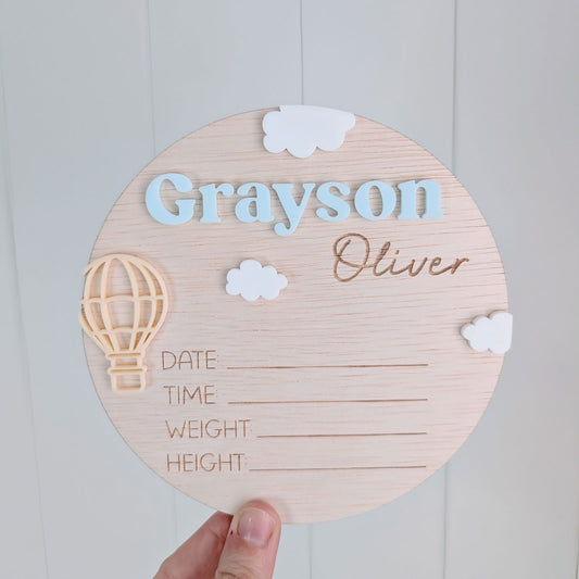 Birth Details Hot Air Balloon Announcement Plaque - Lou James Creations