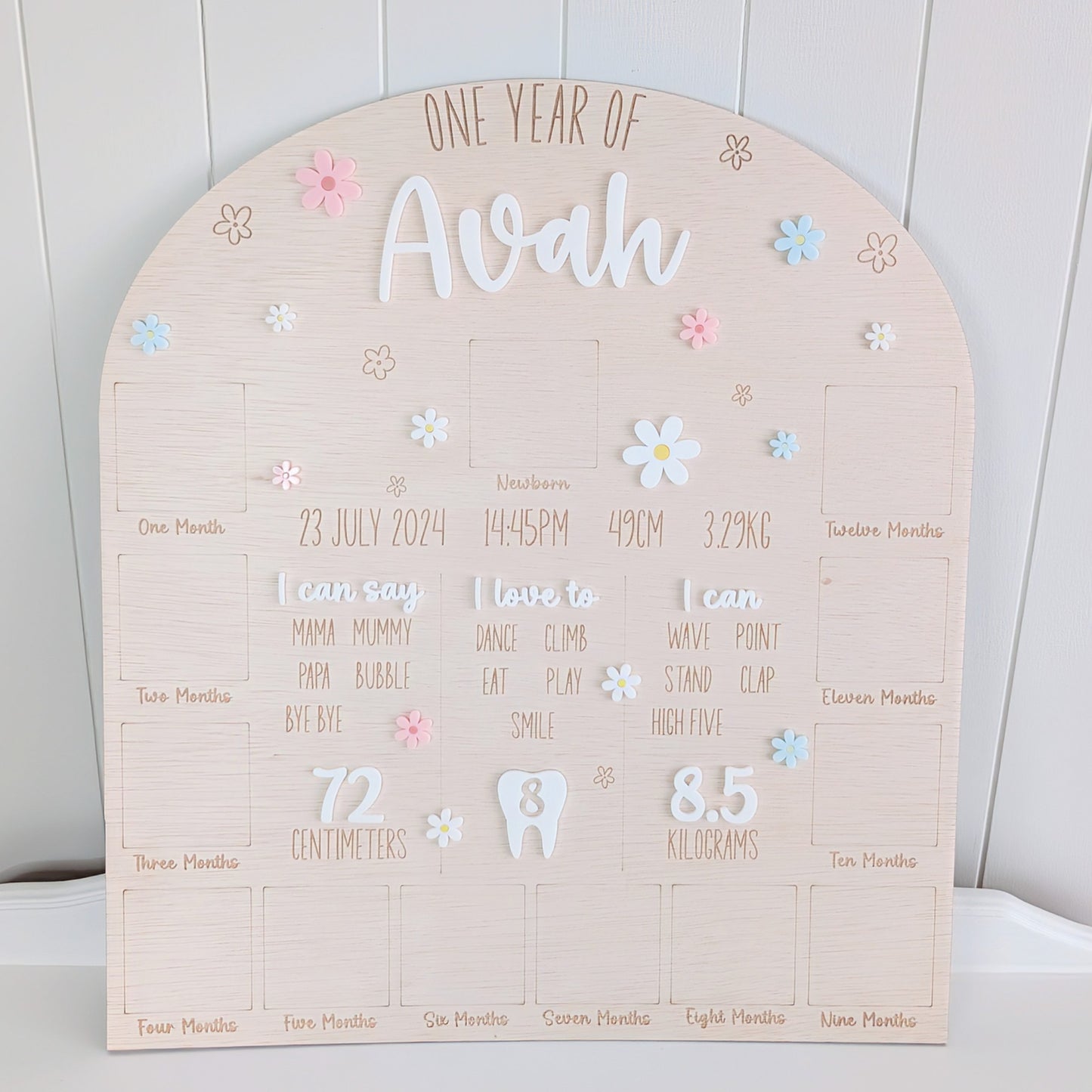 Birthday First Year Milestone & Photo Board - Daisy