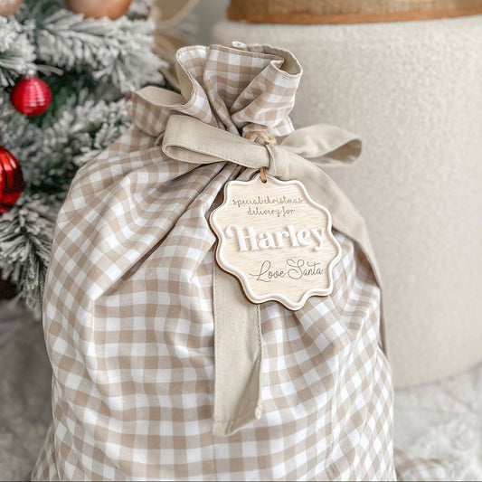 Santa Sack - Beige Gingham - Lou James Creations