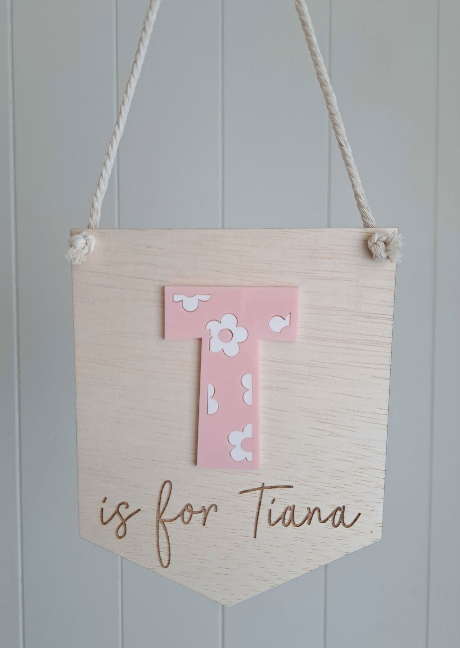 Name Bunting Wood with Floral Letter - Lou James Creations