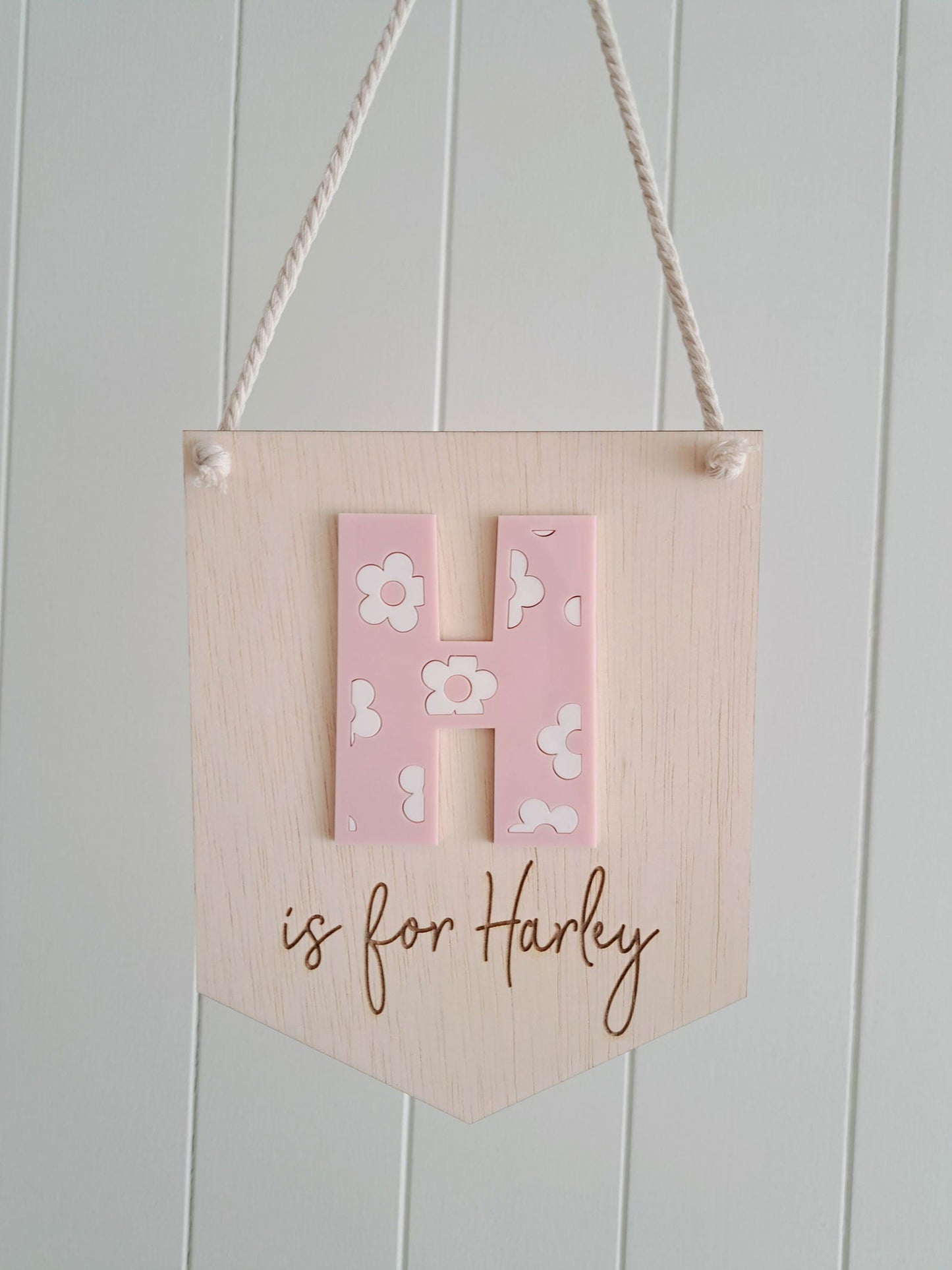 Name Bunting Wood with Floral Letter - Lou James Creations