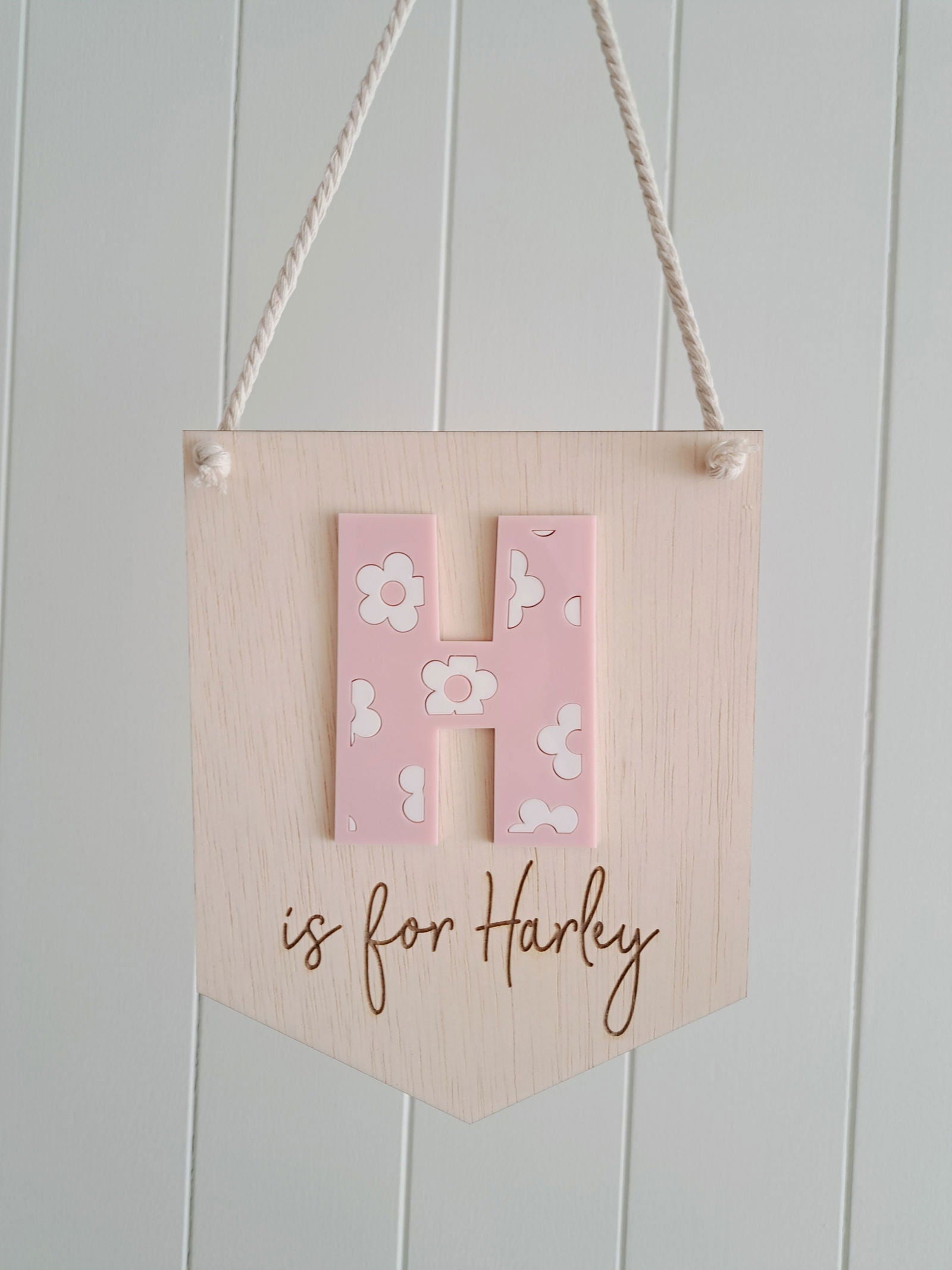 Name Bunting Wood with Floral Letter - Lou James Creations