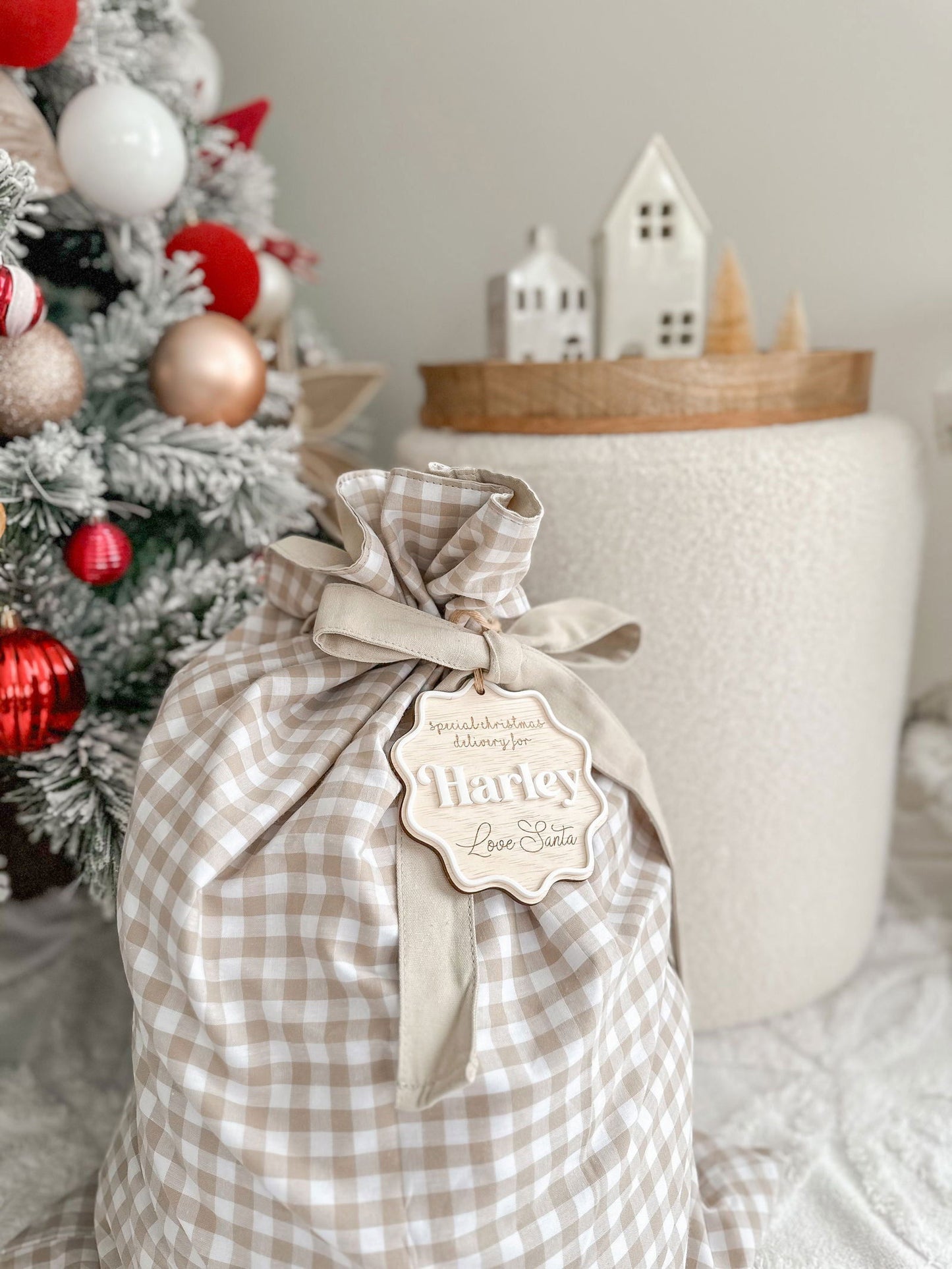 Santa Sack - Beige Gingham - Lou James Creations