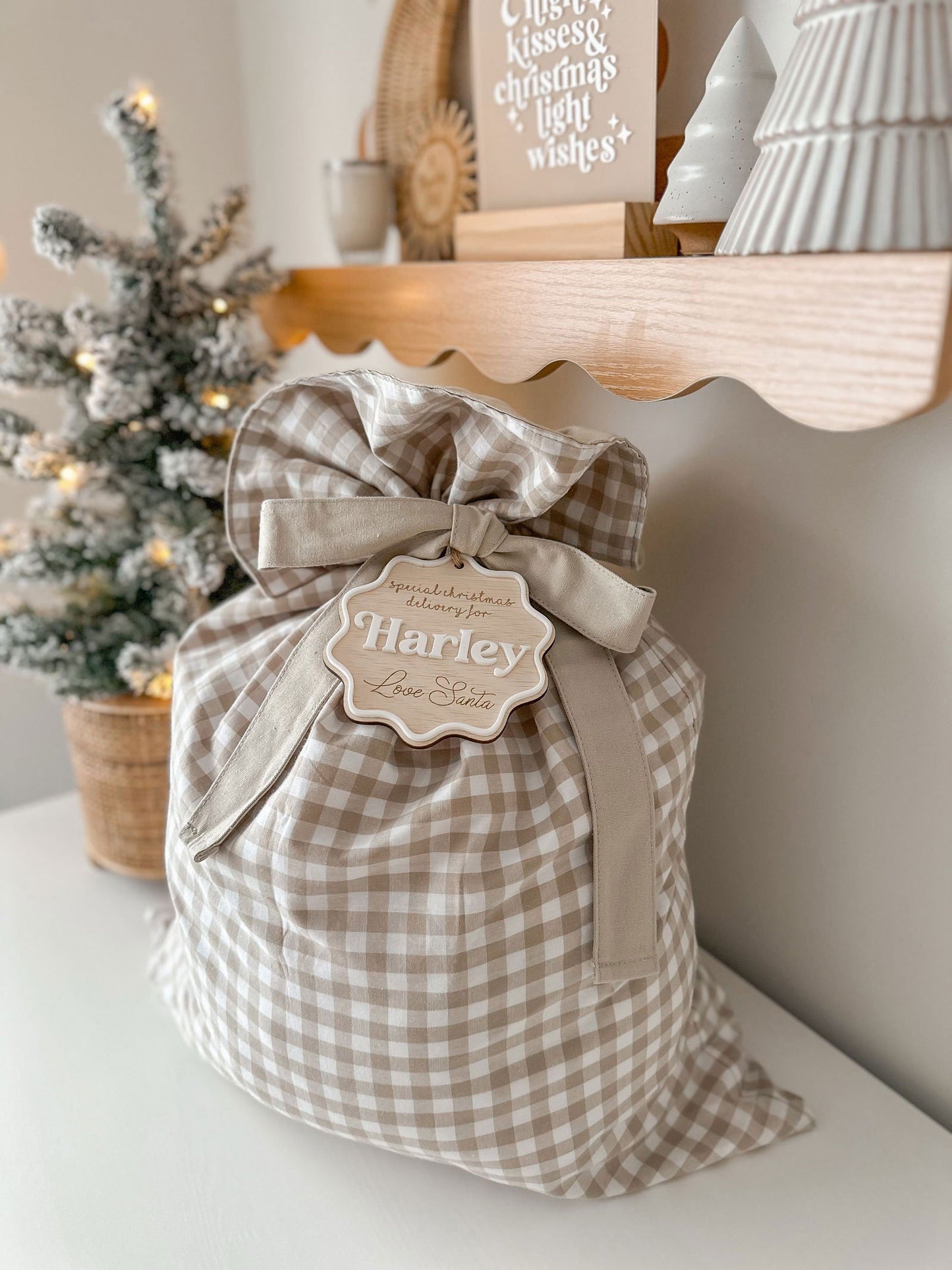 Santa Sack - Beige Gingham - Lou James Creations