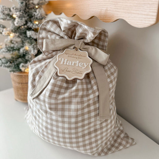 Santa Sack - Beige Gingham - Lou James Creations 